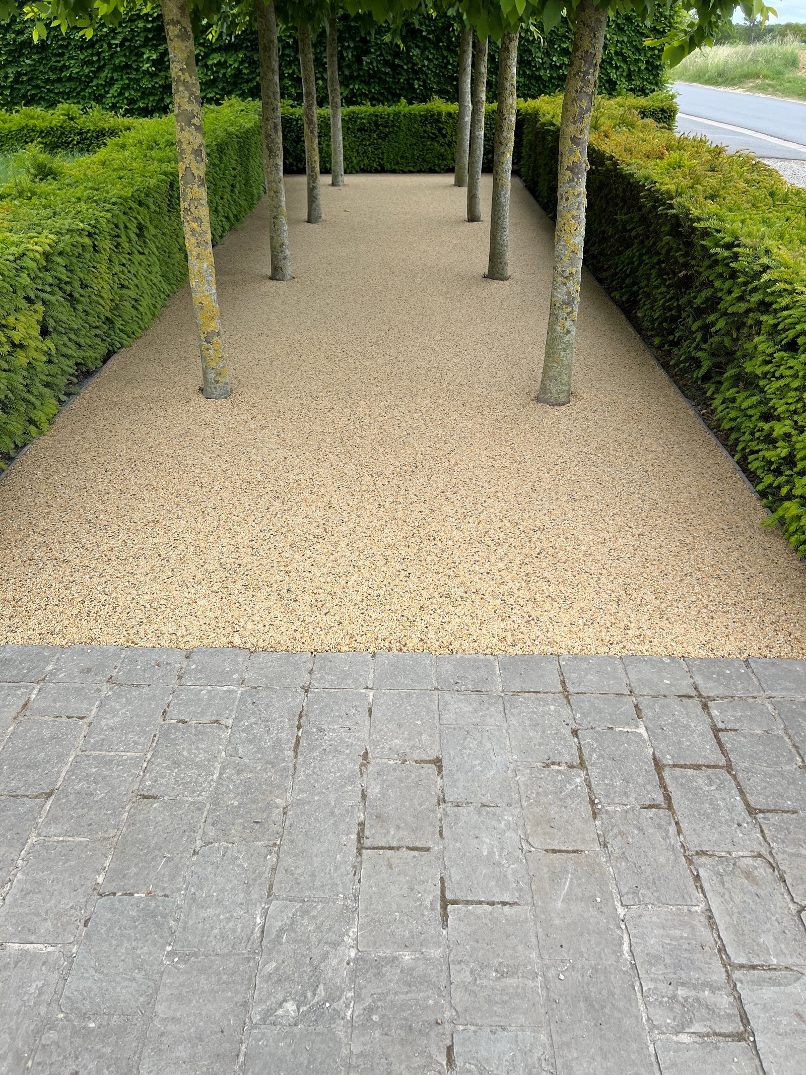 Steentapijt tussen kasseien in oprit te Zonnebeke